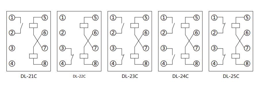 DL-25C系列電流繼電器內部接線及外引接線（正視圖）