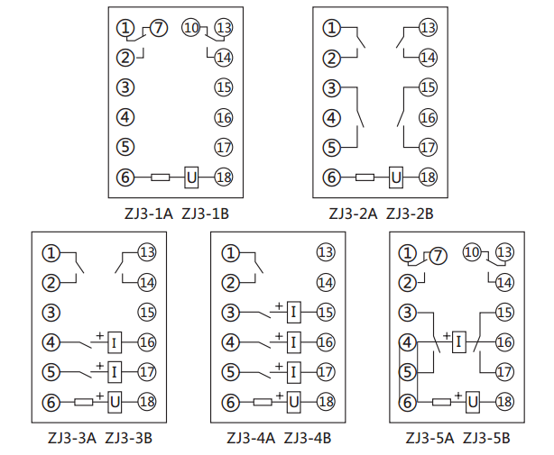 ZJ3-3A快速中間繼電器內部接線圖及外引接線圖(正視圖)