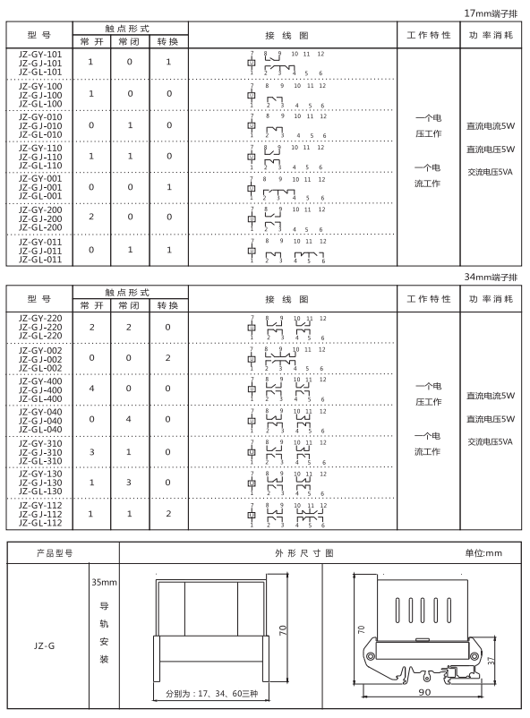 JZ-GY(J)-260端子排靜態中間繼電器參數及內部端子外引接線圖